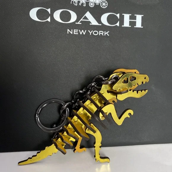 Coach Gold Metallic Rexy Dinosaur Puzzle Fob Small Bag Charm Keychain NWOT Leath - Picture 9 of 11
